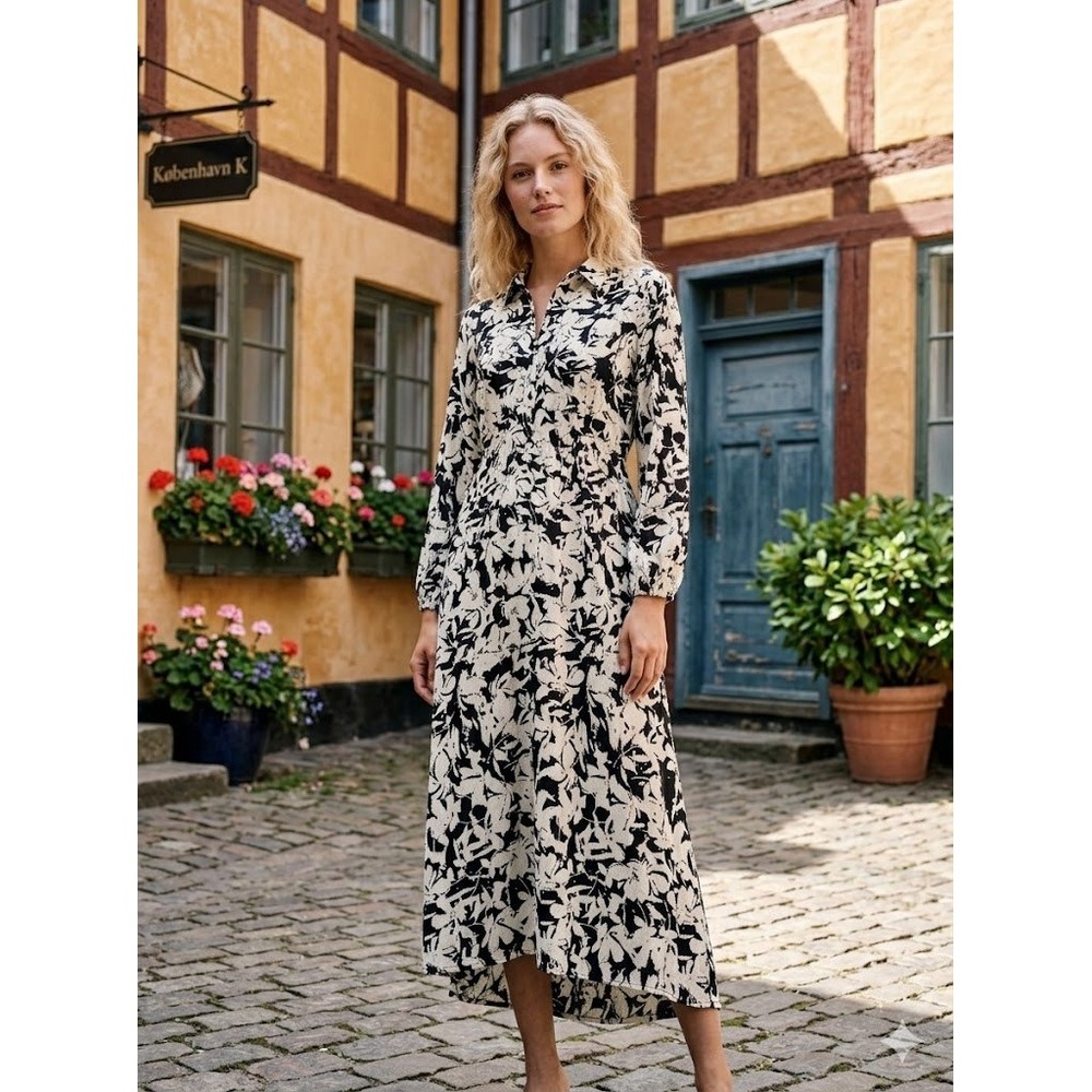 Fransa FRCINA Black White Floral Shirt Dress Scandinavian Minimalist S Midi
